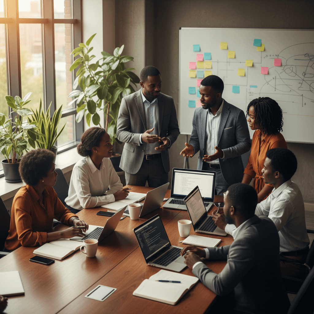 The Intercity team working through a problem in a meeting room